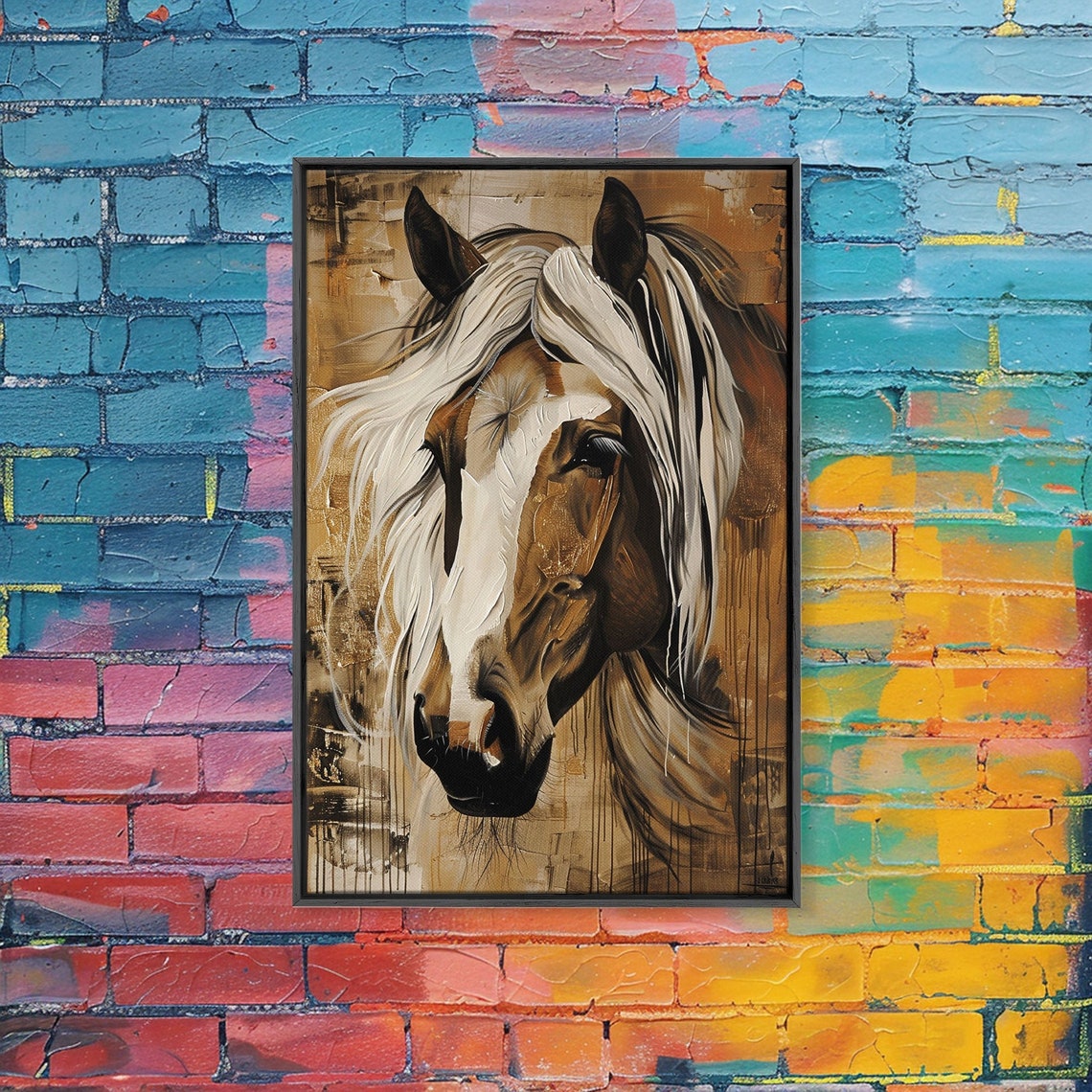 Majestic Horse Portrait Earthy Tones Flowing White Mane Art Poster - Image 2