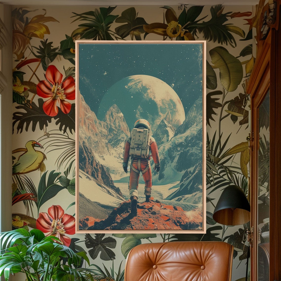 Retro Astronaut Alien Planet Giant Moon Vintage Sci-Fi Space Art Print - Image 2