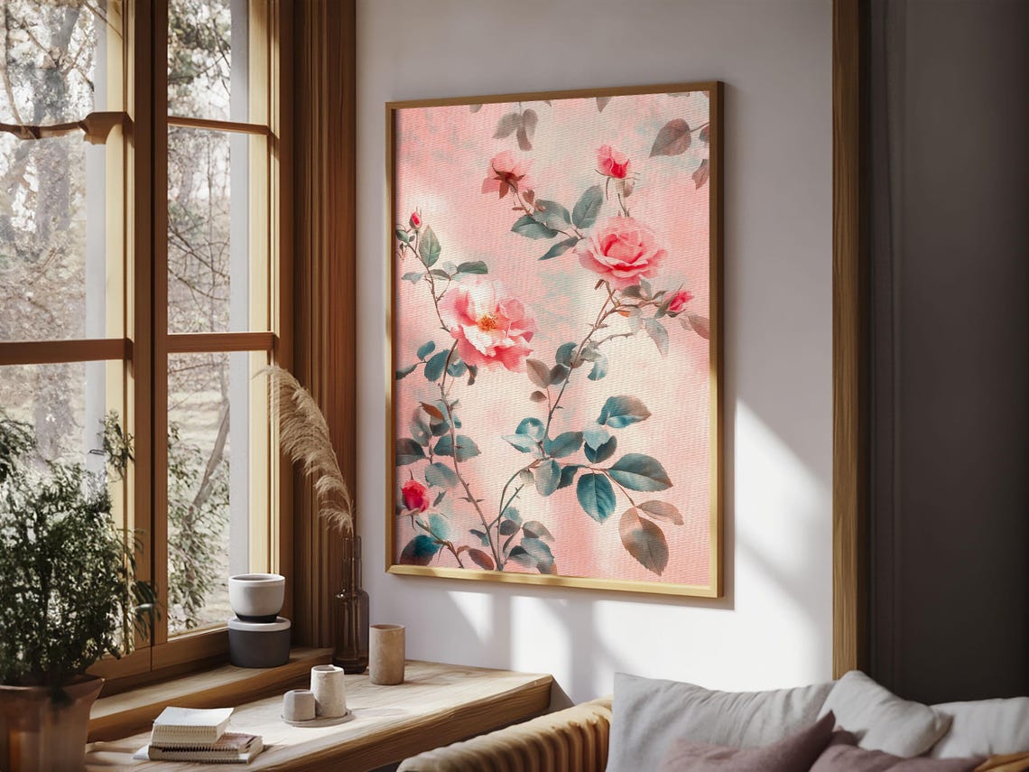 Climbing Pink Roses Vintage Botanical Illustration Wall Art Poster - Image 3
