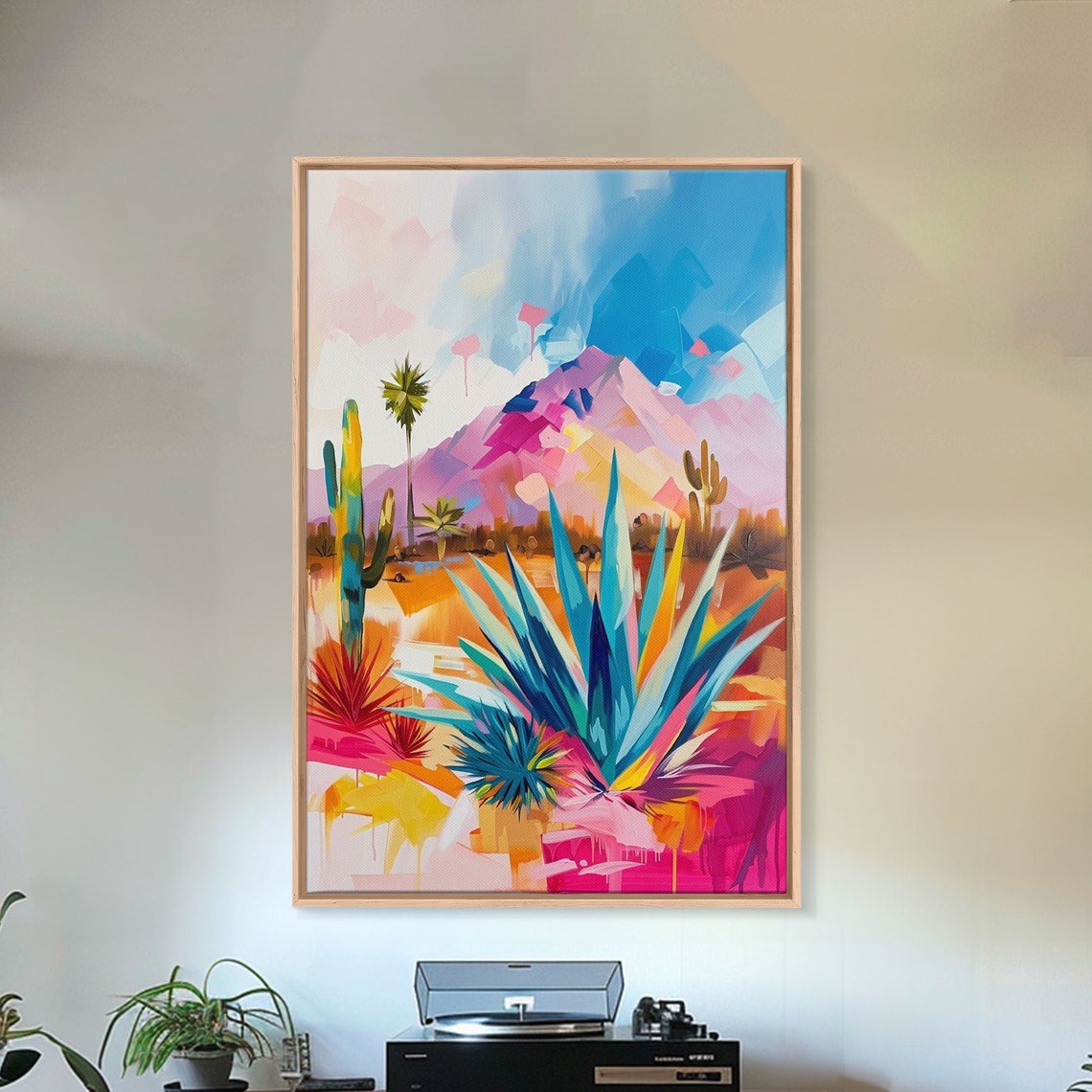 Vibrant Desert Landscape Agave Cactus Pink Mountains Wall Art - Image 3