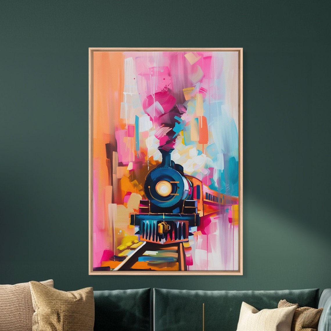 Colorful Steam Train Abstract Painting Pink Orange Modern Wall Art - Image 5