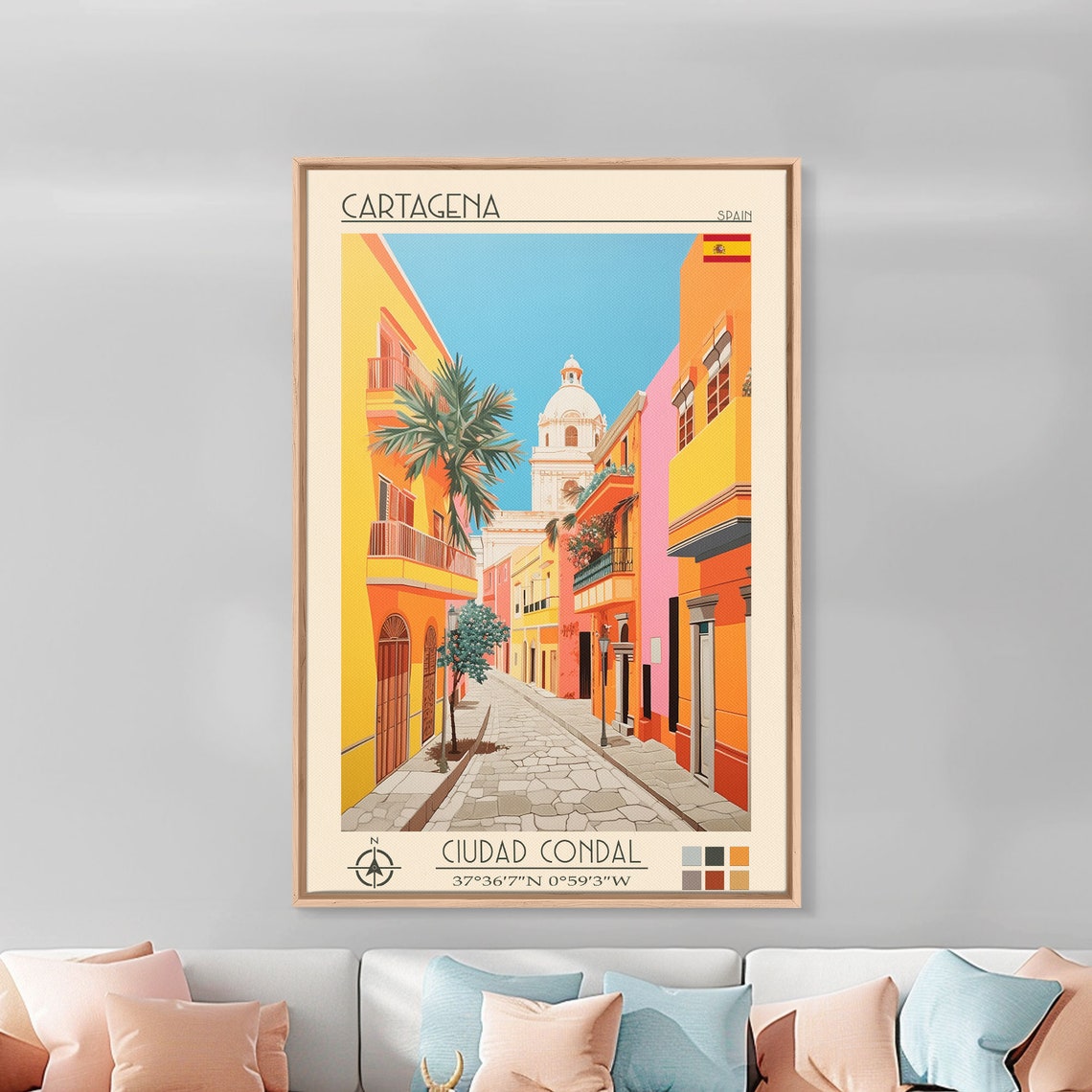 Cartagena Spain Sunny Cobblestone Alley Palm Trees Old Town Poster - Image 4