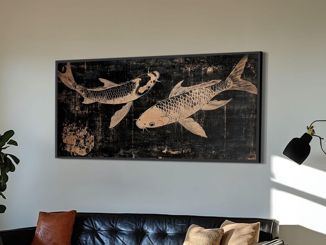 Two Koi Fish Gold Black Japanese Woodblock Style Elegant Art Print - Image 6