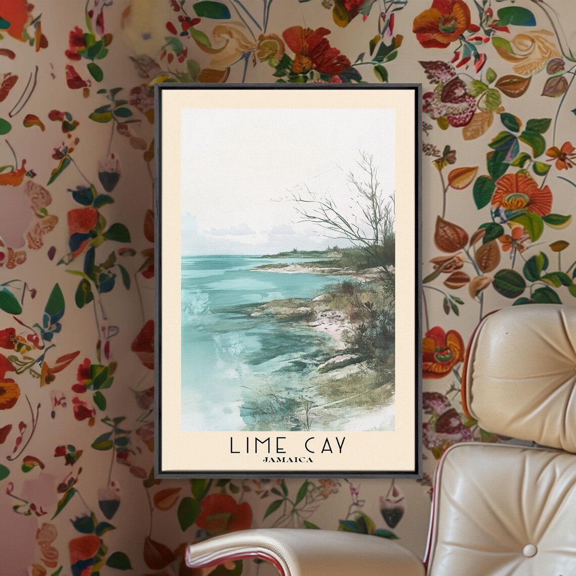 Lime Cay Jamaica Calm Turquoise Cove Rocky Shoreline Watercolor Poster - Image 2