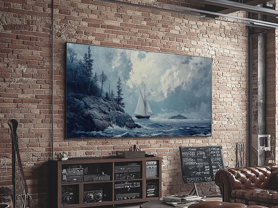 Tall Ship Off Rocky Pine Coast Moody Blue Seascape Painting Print