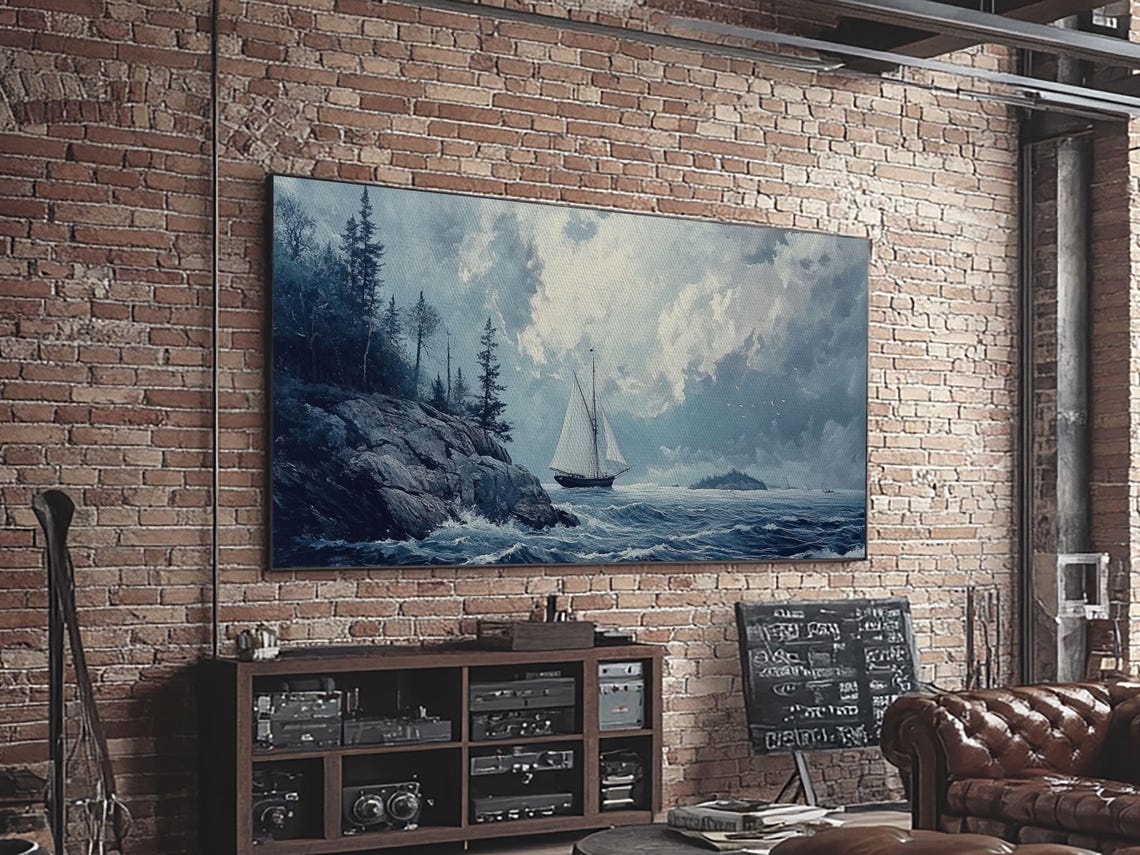 Tall Ship Off Rocky Pine Coast Moody Blue Seascape Painting Print