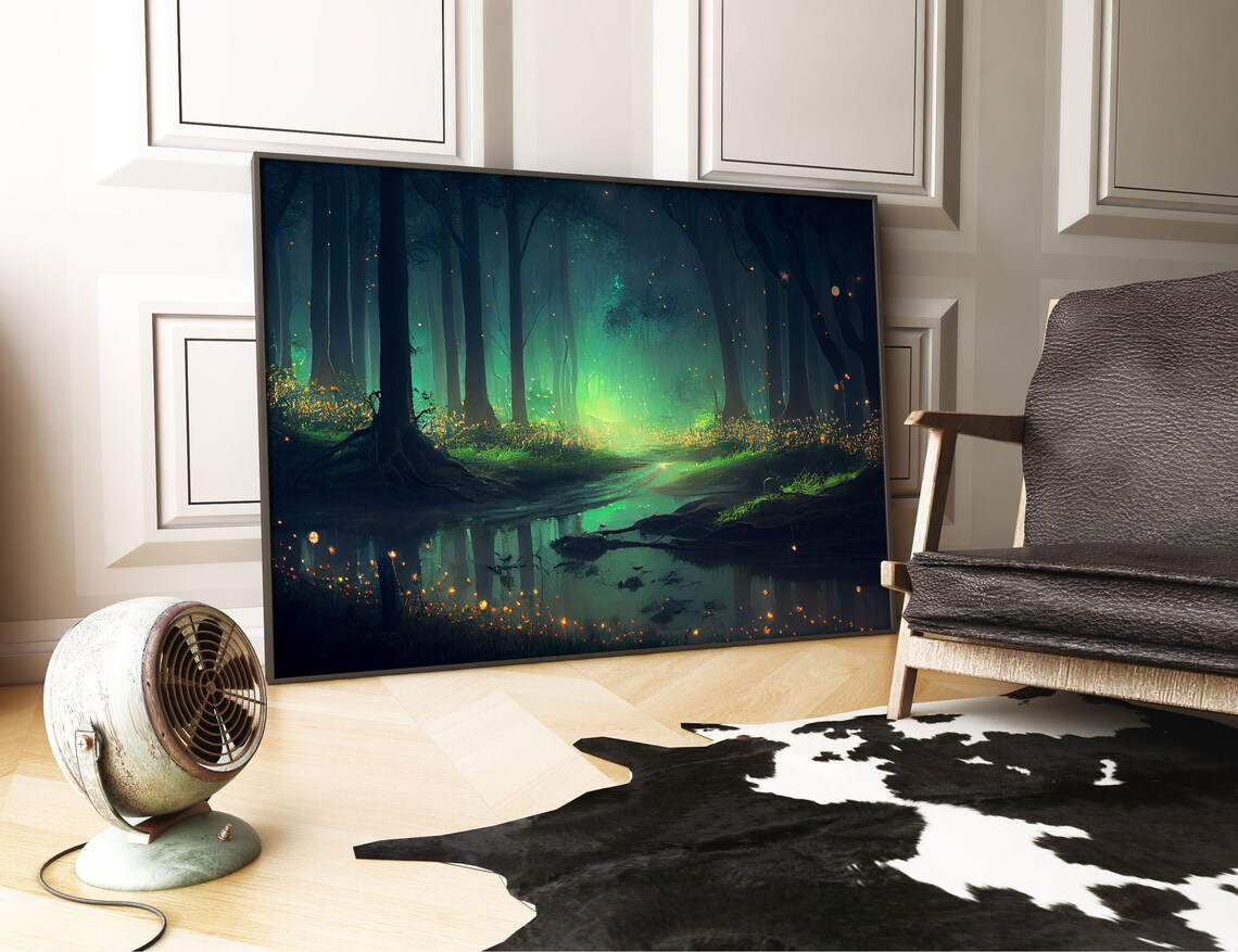 Fireflies In Forest Swamp Night, Nature Art Print - Image 3