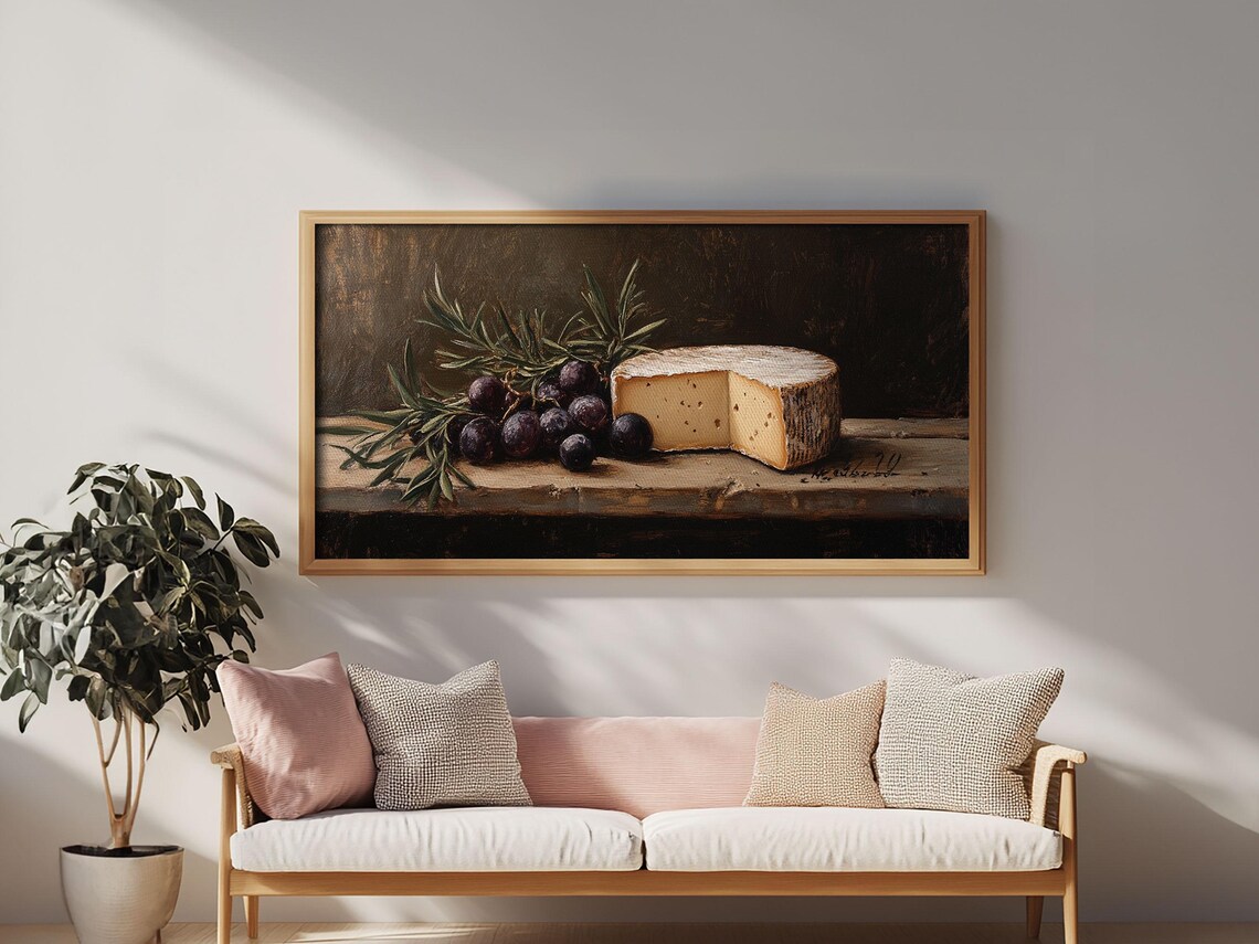Cheese Wheel Figs Rosemary Rustic Table Vintage Oil Painting Print - Image 2