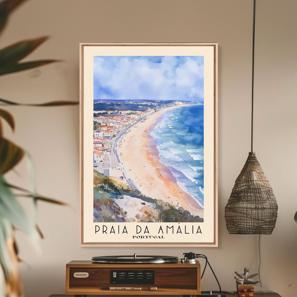 Praia da Amalia Portugal Beach Town Red Roofs Coast Watercolor Poster - Image 2