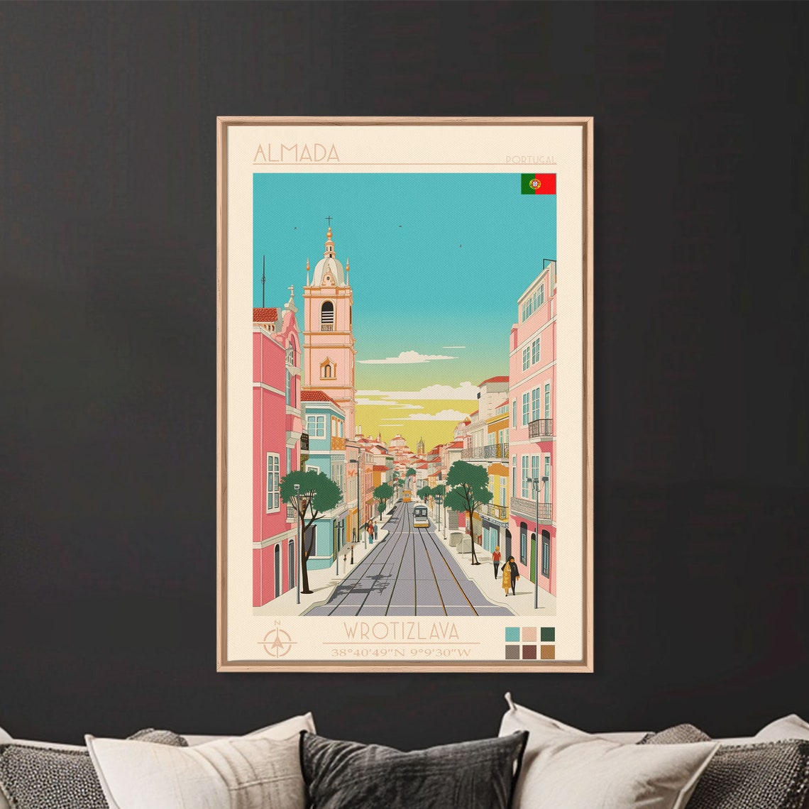 Almada Portugal Sunset Tram Street Bell Tower Pastel Buildings Poster