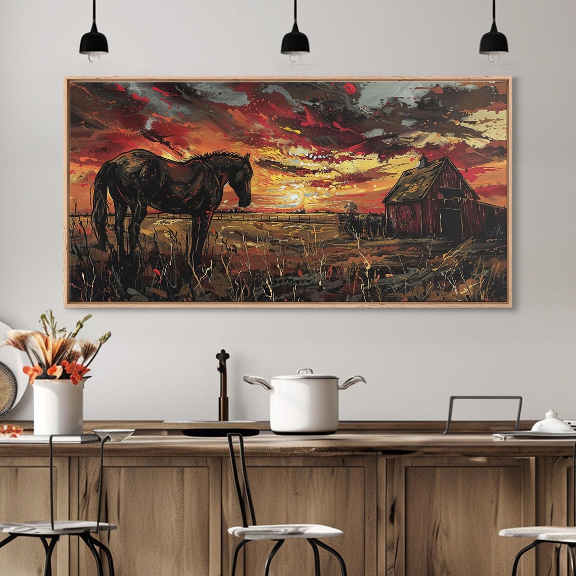 Dark Horse At Sunset Red Barn Fiery Red Orange Dramatic Sky Wall Art