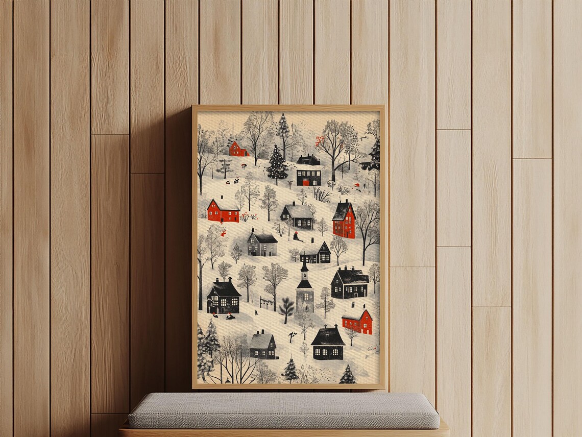 Snowy Christmas Village Red Houses Winter Hillside Holiday Art Poster - Image 3