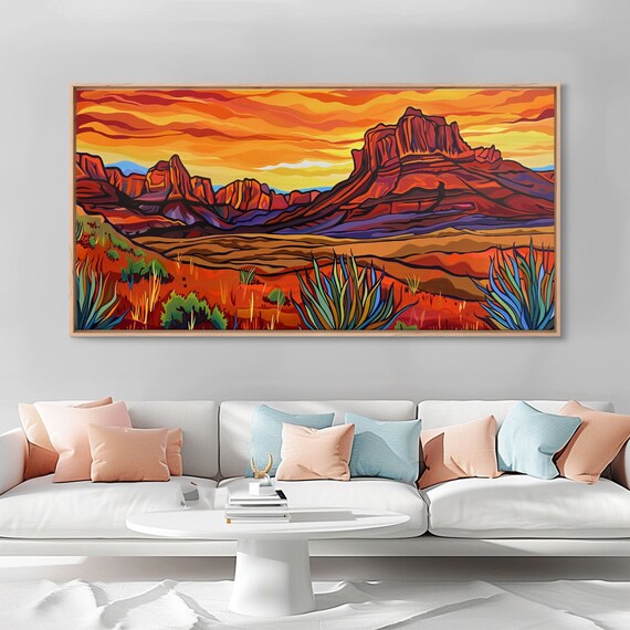 Colorful Desert Sunset With Saguaro Cacti Framed Print For Living Room Art Ideal For Southwestern And Boho Decor