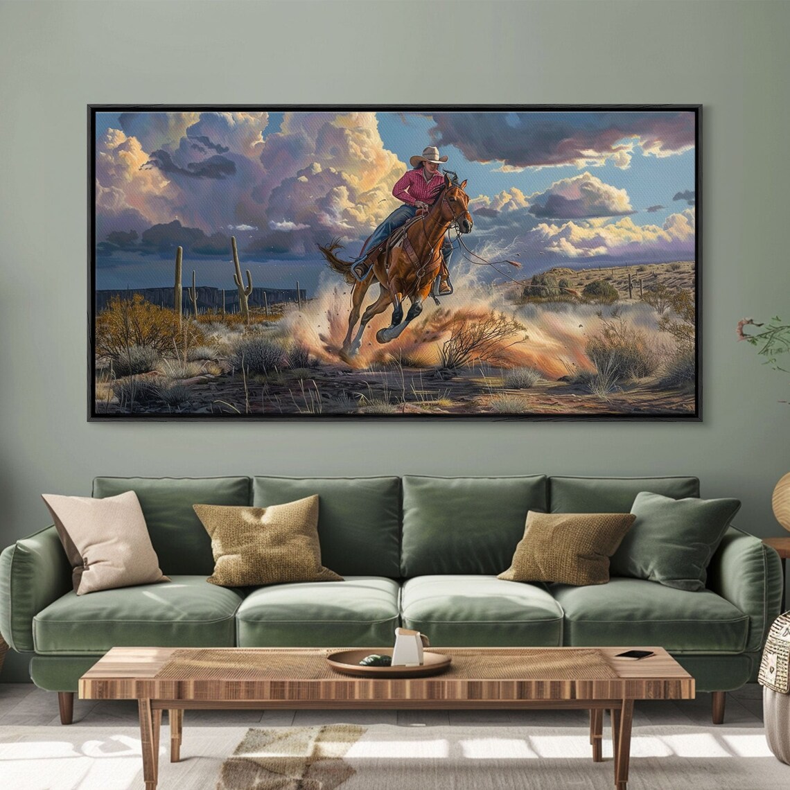 Cowgirl Galloping Horse Dust Desert Dramatic Cloudy Sky Western Art Poster - Image 4