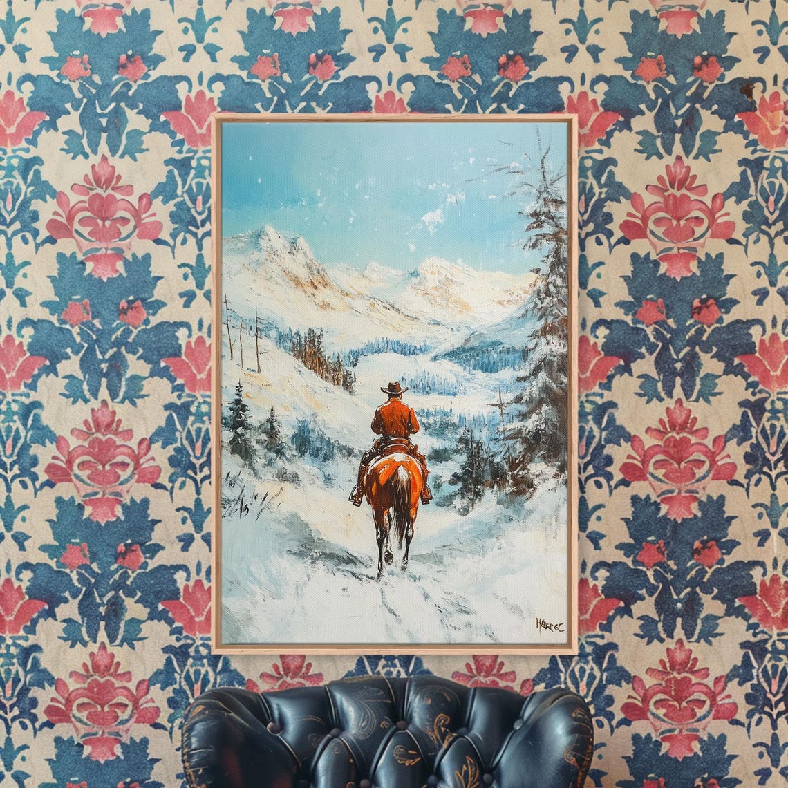 Cowboy Riding Snowy Valley Snowcapped Mountains Blue Sky Art Poster - Image 4
