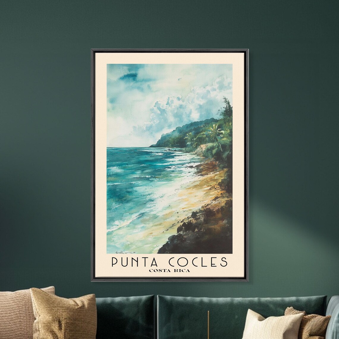Punta Cocles Costa Rica Sandy Beach Green Hills Turquoise Surf Watercolor Poster - Image 5