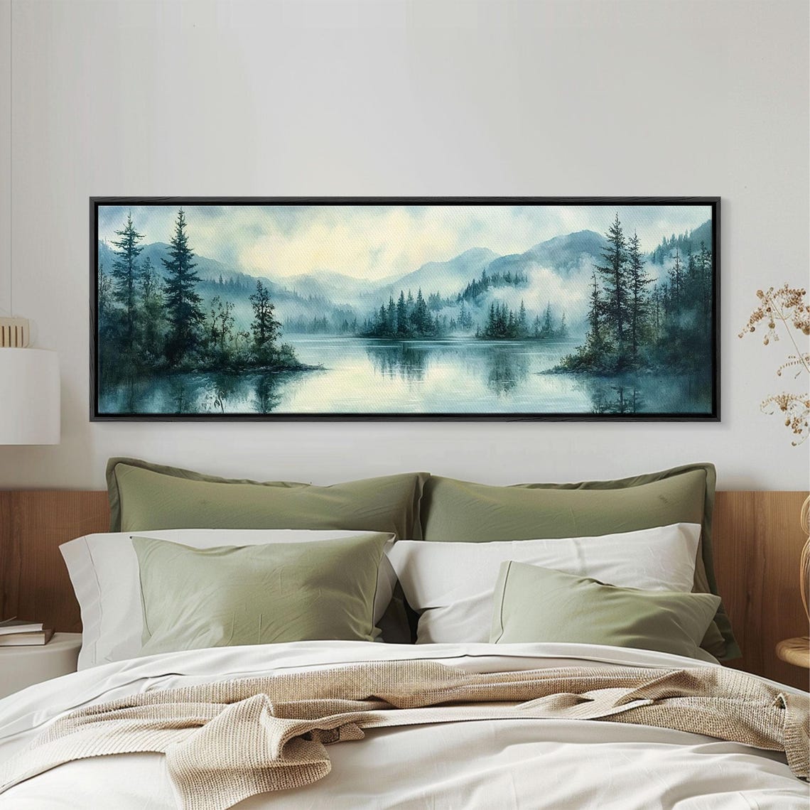 Fog Over The Lake Panoramic Painting Print Rustic Decor Panoramic Ultra Wide Wall Art For Above Bed Or Sofa Moody Decor - Image 5