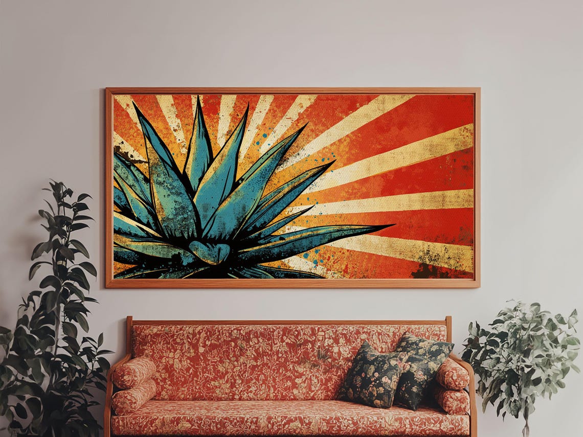 Bold Blue Agave Pop Art Red Sunburst Rays Retro Mexican Wall Art