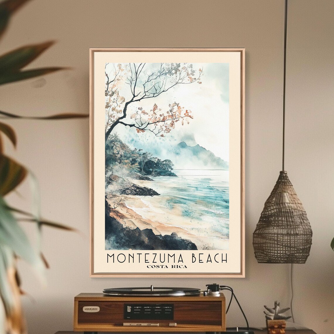 Montezuma Beach Costa Rica Misty Rocky Shore Watercolor Travel Poster - Image 2