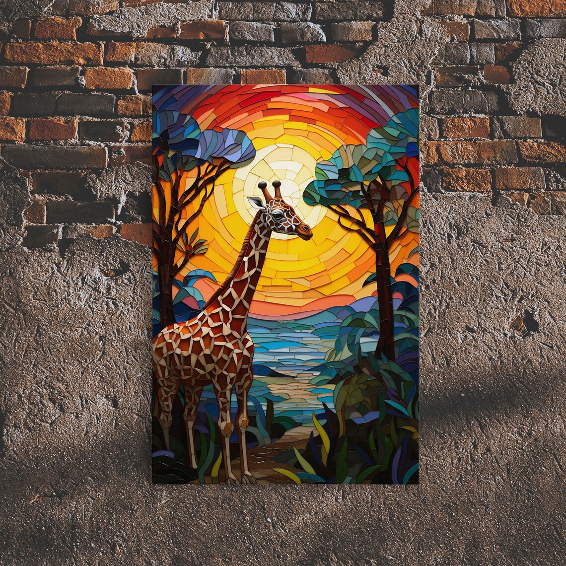 Giraffe At Sunset Mosaic Style African Savannah Acacia Trees Art Poster - Image 3