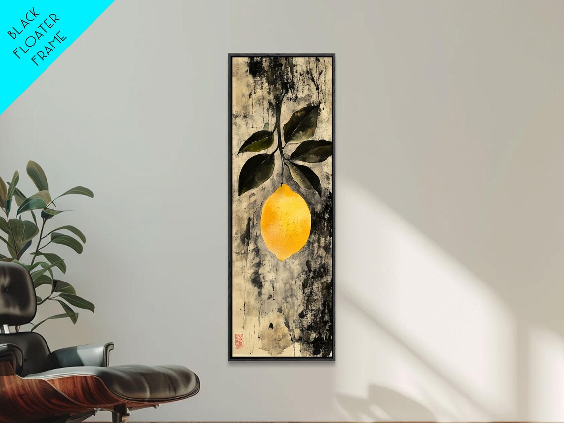 Vintage Single Lemon Dark Leaves Antique Textured Ink Wash Art Poster - Image 4