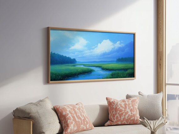 Serene Marshland River Landscape Green Meadow Blue Sky Panoramic Art Poster