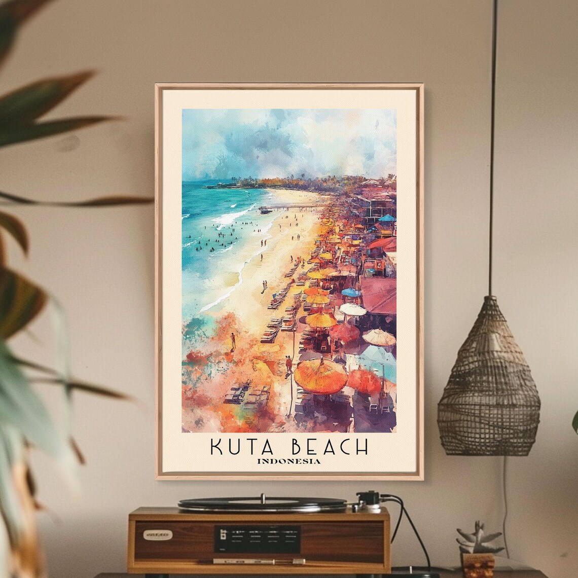 Kuta Beach Indonesia Busy Beach Colorful Umbrellas Surf Watercolor Poster