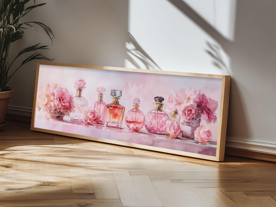 Pink Perfume Bottles Roses Watercolor Glam Vanity Decor Wall Art - Image 4