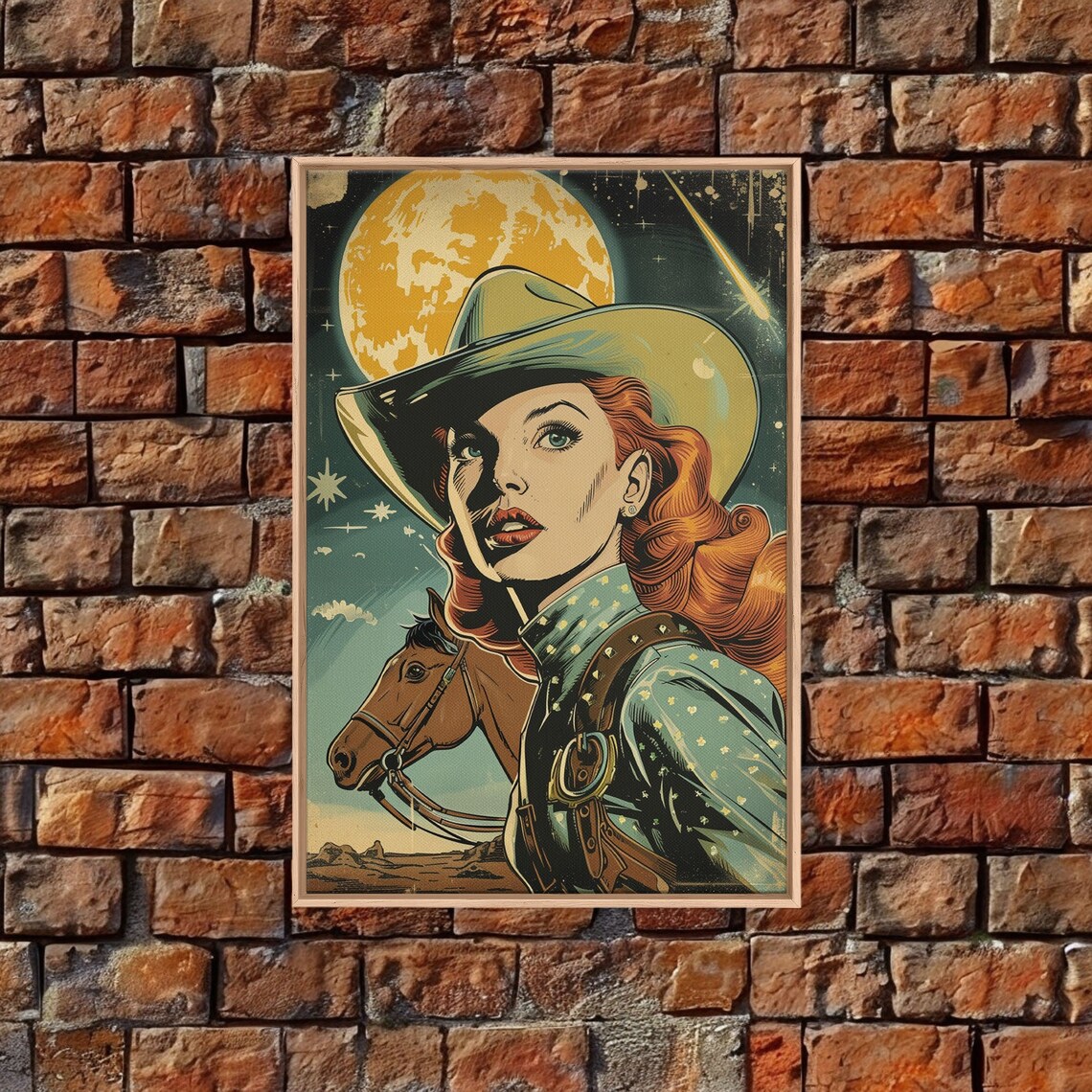 Vintage Cowgirl Pinup Full Moon Horse Retro Western Poster Print - Image 3