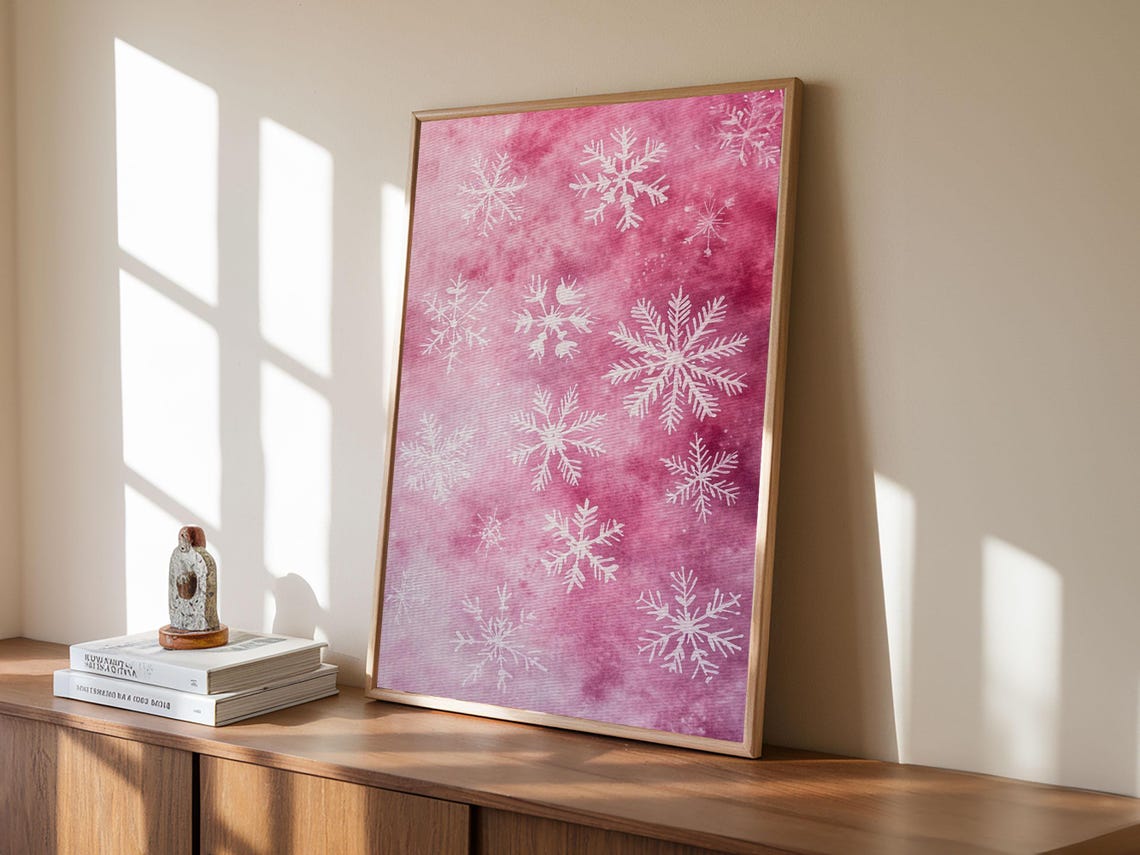 Pink Snowflake Pattern White Winter Christmas Cozy Holiday Wall Art - Image 5