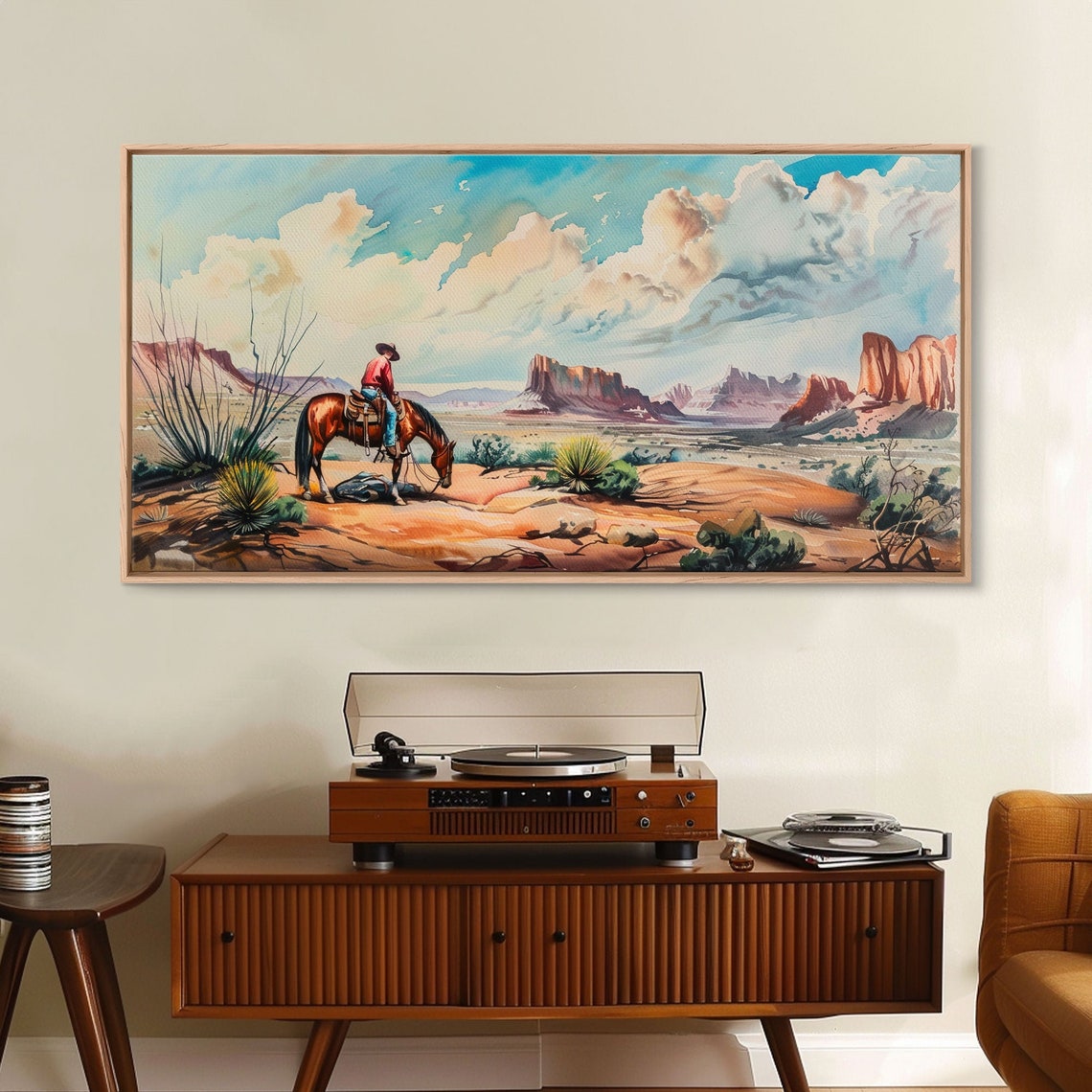 Cowboy on Horse Overlooking Desert Canyon Western Frontier Art Poster - Image 2