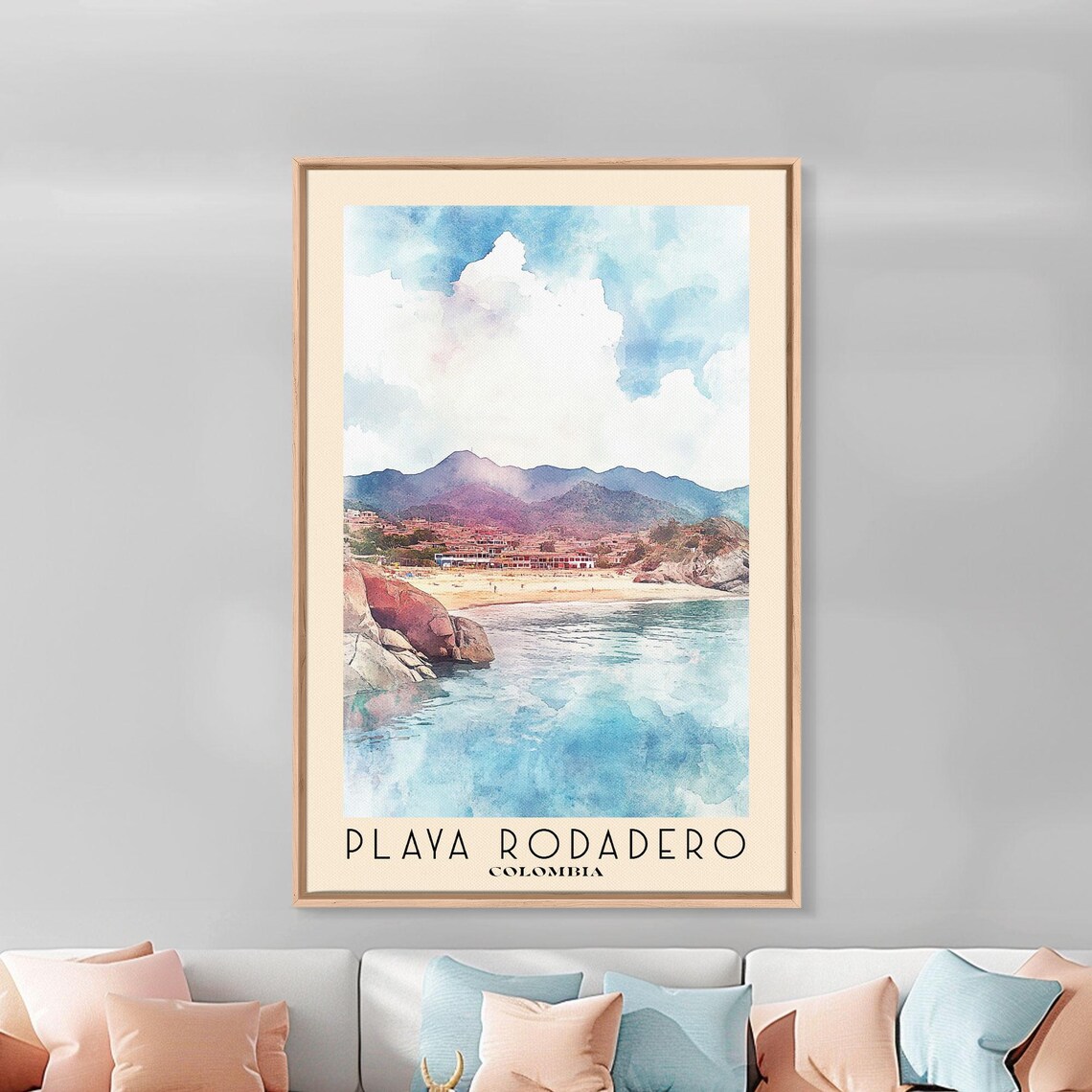 Playa Rodadero Colombia Blue Cove Smooth Boulders Watercolor Travel Poster - Image 3