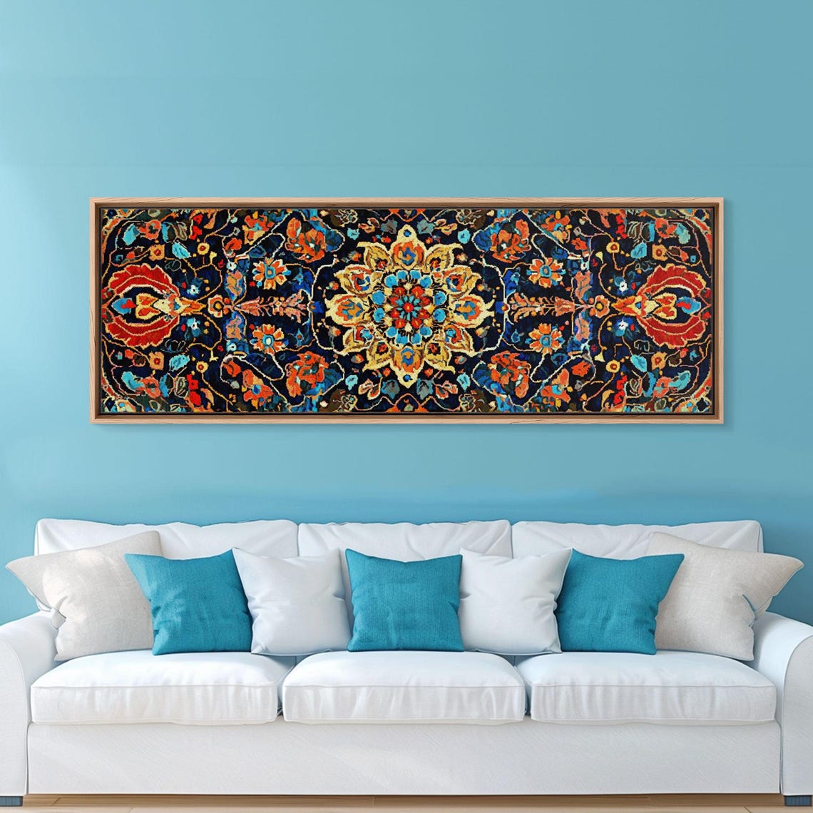 Navy Blue Floral Mandala Tapestry Pattern Panoramic Art Print - Image 6