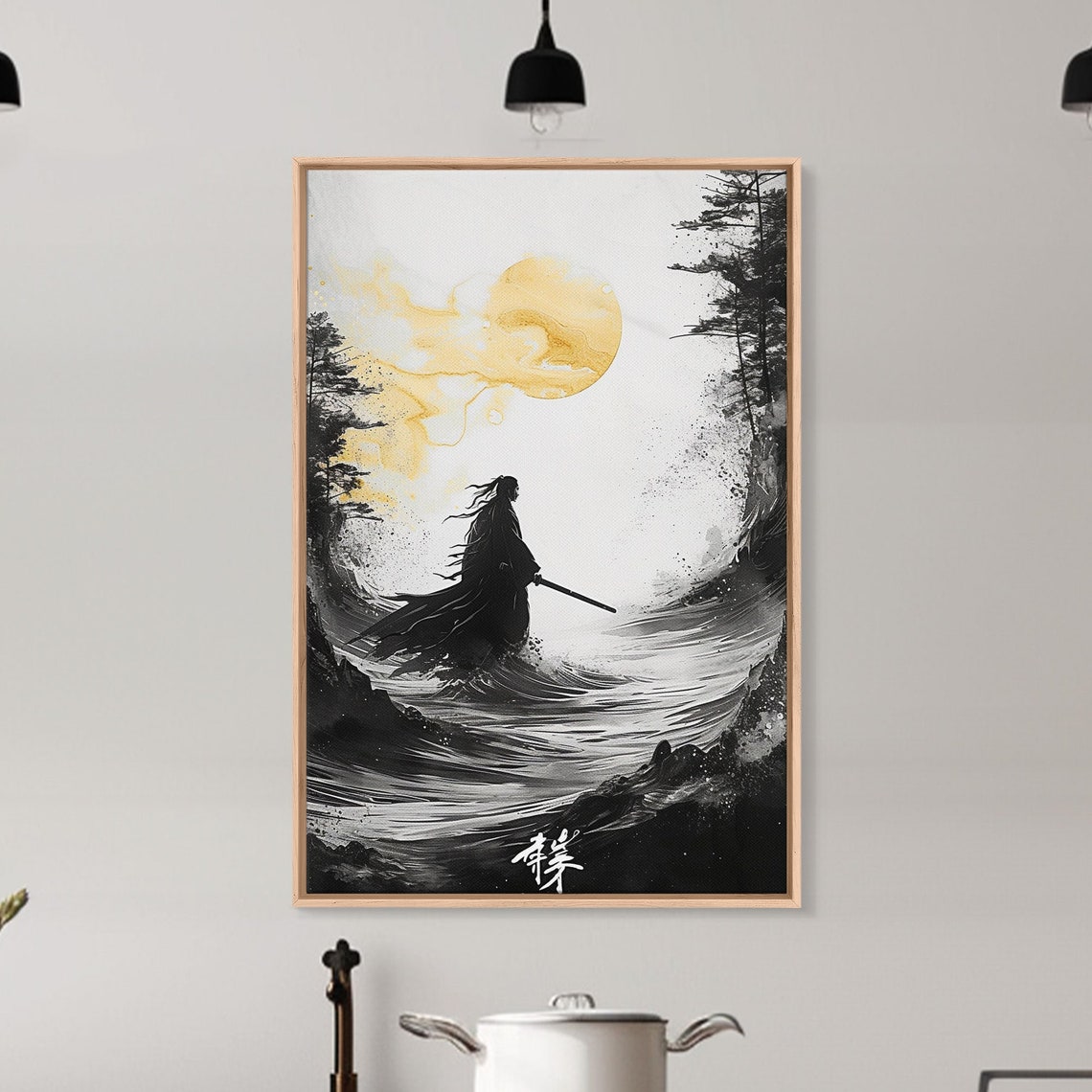 Samurai Silhouette Gold Moon Ocean Waves Ink Brush Japanese Wall Art - Image 4