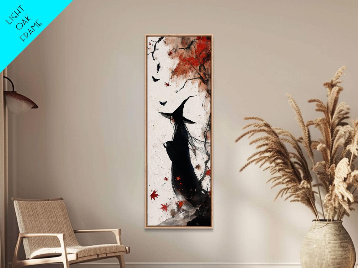 Autumn Witch Among Red Maple Leaves Bats Gothic Halloween Art Poster - Image 2
