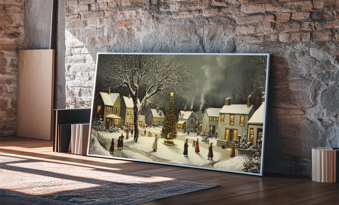 Victorian Christmas Village Night Snowy Lit Tree Carolers Art Print - Image 6