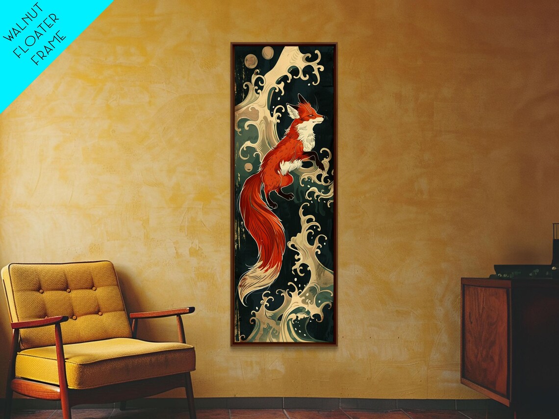 Ukiyo-E Fox and Foamy Waves, Japanese Art Print