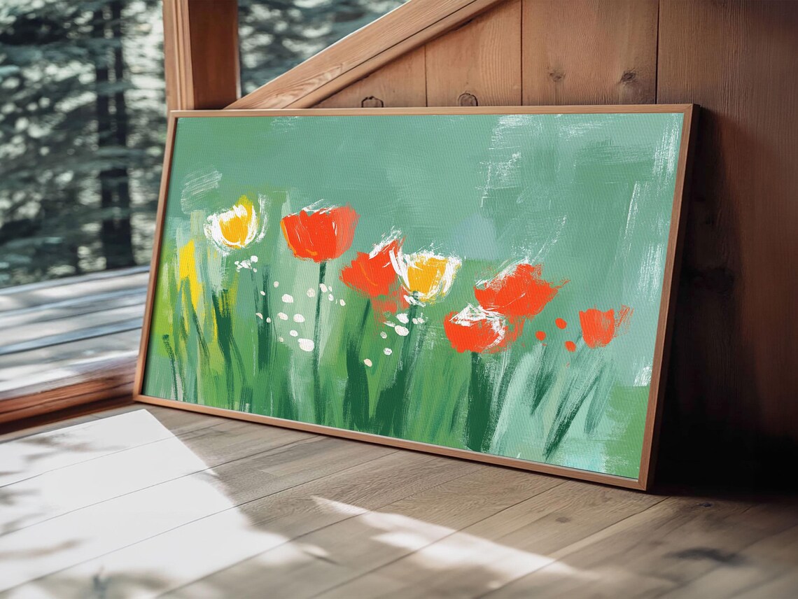Green Abstract Tulip Oil Painting Print Vintage Flower Art Countryside Wall Decor Rustic Farmhouse Wall Art Flower Painting - Image 4