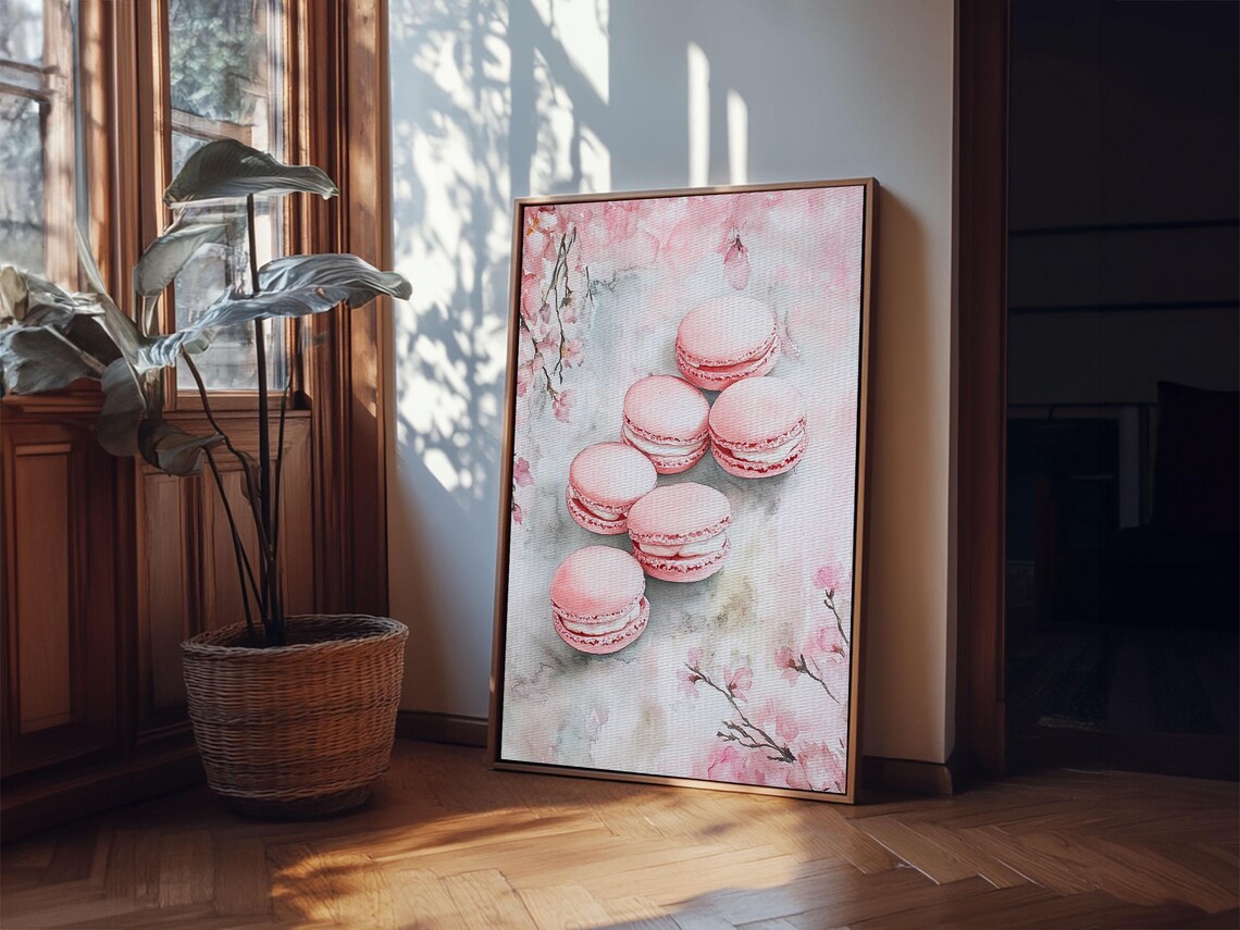 Pink Macarons Cherry Blossom Watercolor Sweet French Bakery Wall Art - Image 2