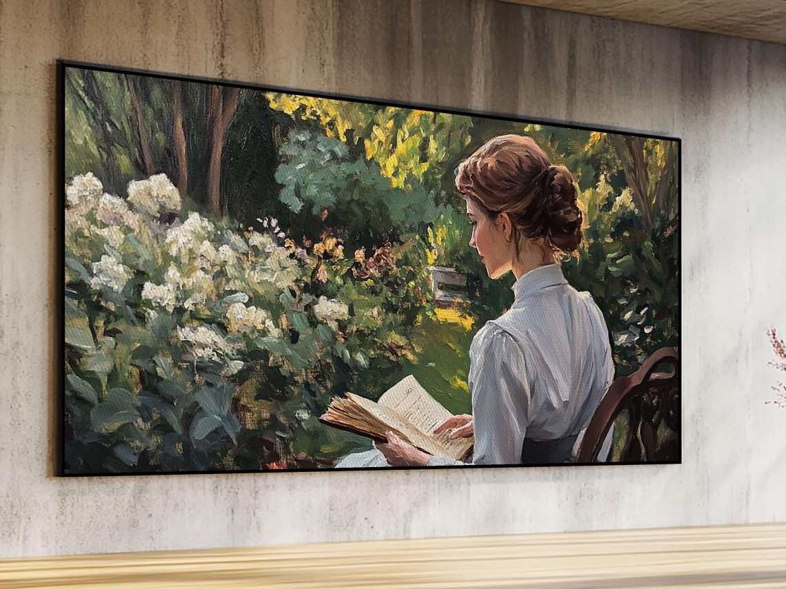 Victorian Woman Reading Book Lush Flower Garden Oil Painting Print - Image 4