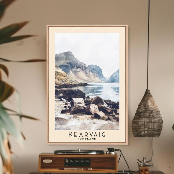 Kearvaig Scotland Rocky Shore Misty Highland Coast Watercolor Poster Art