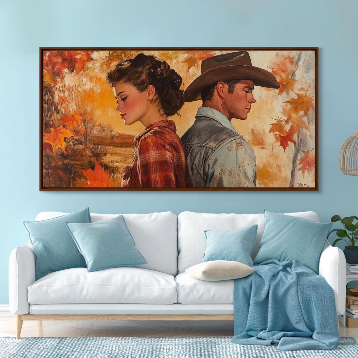Cowboy And Cowgirl Back To Back In A Golden Autumn Forest Print - Image 3