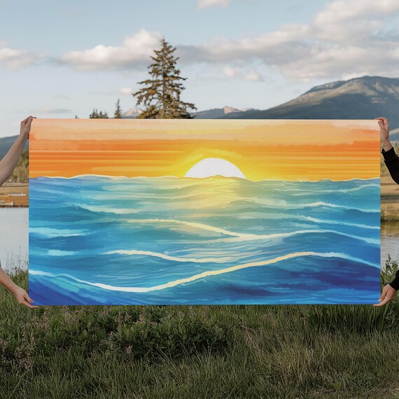 Ocean Sunset Seascape Watercolor Waves Golden Horizon Wall Art
