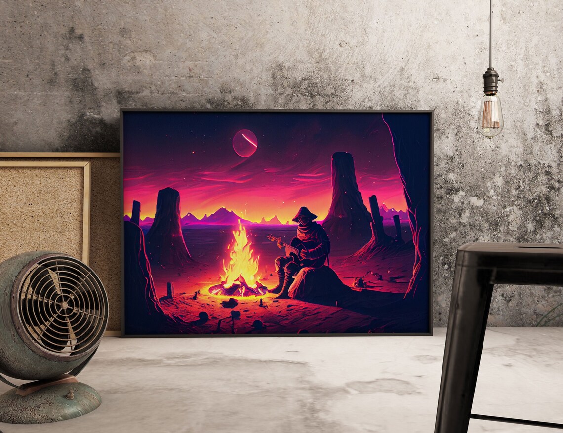 Valley Canyon Man Campfire Guitar Landscape Magenta Fine Art Print Wall Art Print Wall Poster Wall Dcor - Image 4