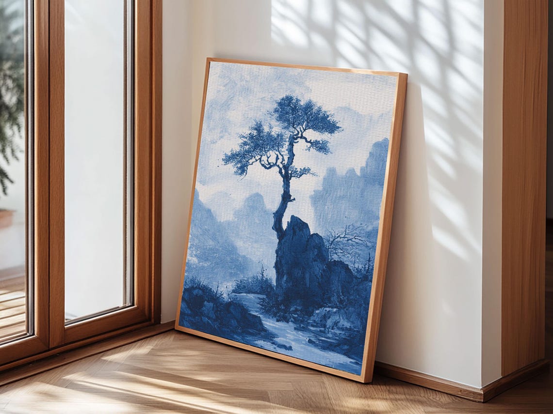 Blue White Chinoiserie Pine Tree Cliff Mountain Misty Asian Art Poster - Image 6