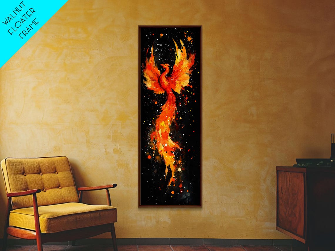 Fiery Phoenix Rising Starry Night Cosmic Bird Vertical Wall Art