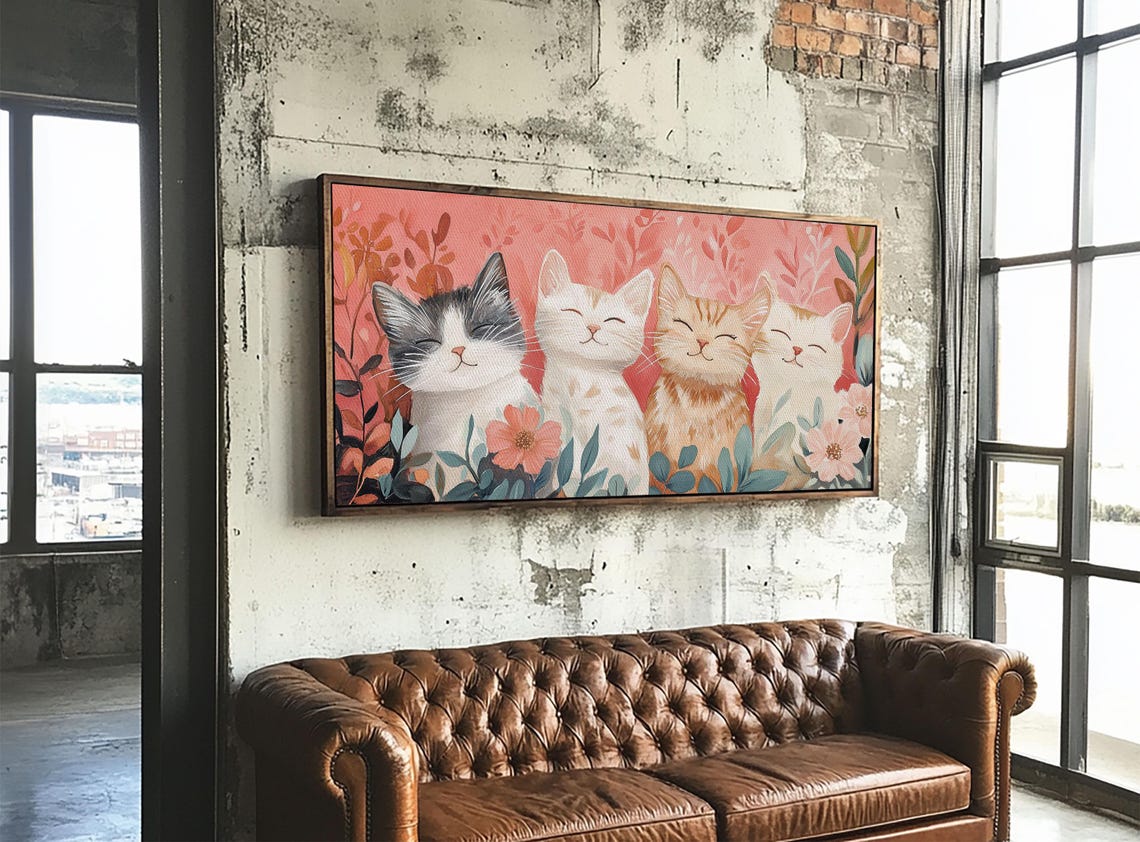 Four Happy Smiling Cats Floral Illustration Cute Kitten Gift Poster - Image 5