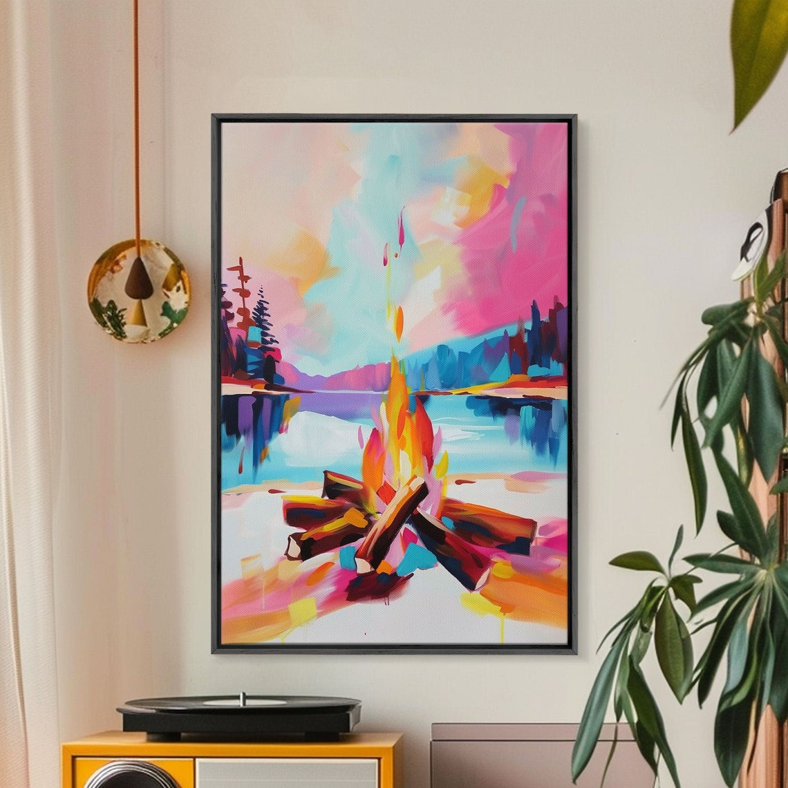 Campfire Lakeside Sunset Colorful Abstract Outdoor Adventure Wall Art - Image 4