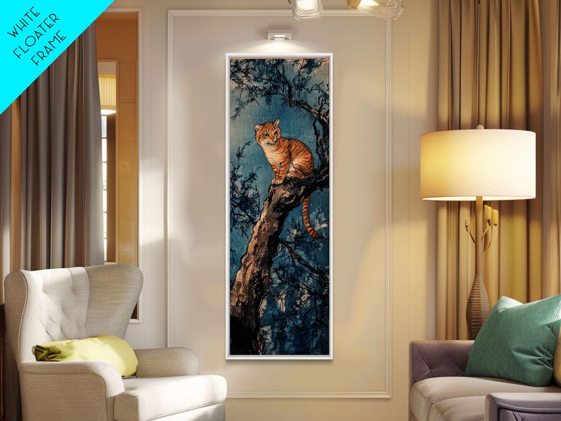 Ginger Tabby Cat on Tree Branch Night Japanese Style Wall Art - Image 4