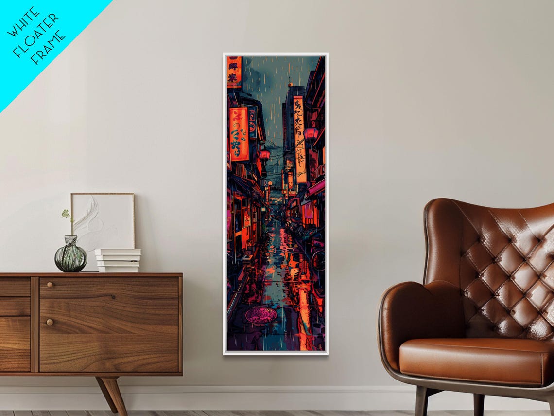 Vibrant Cityscape With Colorful Street Signs Skinny Art Tall Art Framed Print Japanese Style Art Ukiyo E Art Wood Block Print - Image 6